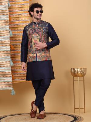 Silk blend navy blue kurta and churidar with paisley printed navy blue nehru jacket 1