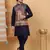 Silk blend navy blue kurta and churidar with paisley printed navy blue nehru jacket