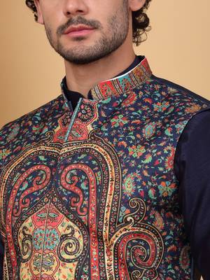 Silk blend navy blue kurta and churidar with paisley printed navy blue nehru jacket 2