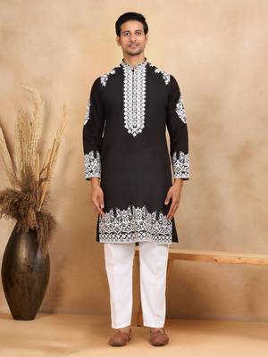 Ethnic embroidered mandarin collor cotton silk black kurta 4