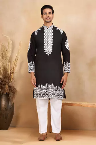 Ethnic embroidered mandarin collor cotton silk black kurta