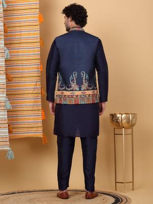 Silk blend navy blue kurta and churidar with paisley printed navy blue nehru jacket 3