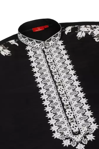 Ethnic embroidered mandarin collor cotton silk black kurta