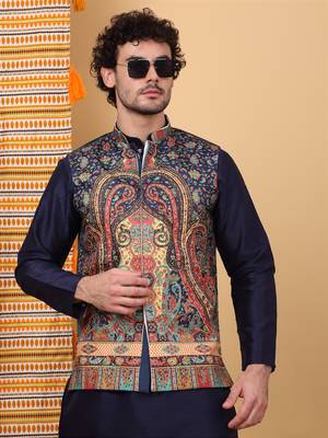 Silk blend navy blue kurta and churidar with paisley printed navy blue nehru jacket 4