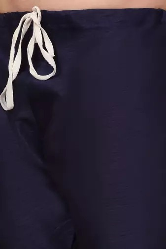 Silk blend navy blue kurta and churidar with paisley printed navy blue nehru jacket
