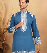 Ethnic embroidered mandarin collor cotton silk blue kurta