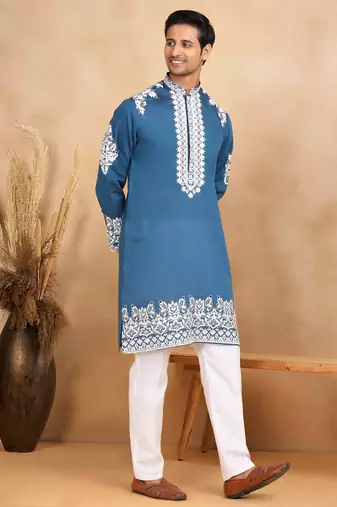 Ethnic embroidered mandarin collor cotton silk blue kurta