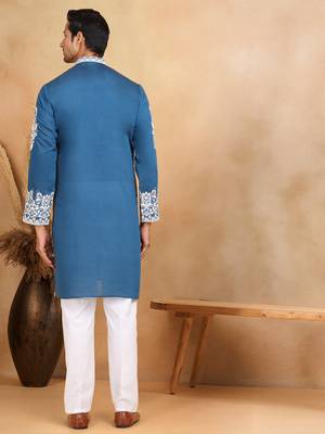 Ethnic embroidered mandarin collor cotton silk blue kurta 3