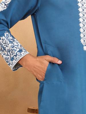 Ethnic embroidered mandarin collor cotton silk blue kurta 4