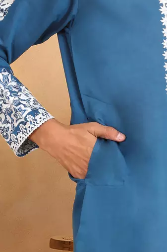Ethnic embroidered mandarin collor cotton silk blue kurta