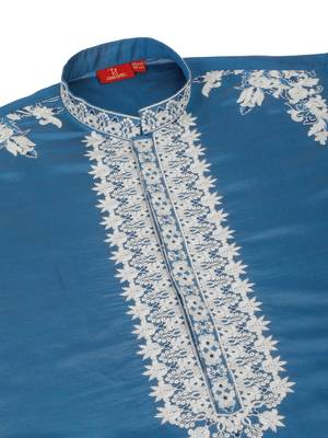 Ethnic embroidered mandarin collor cotton silk blue kurta 5