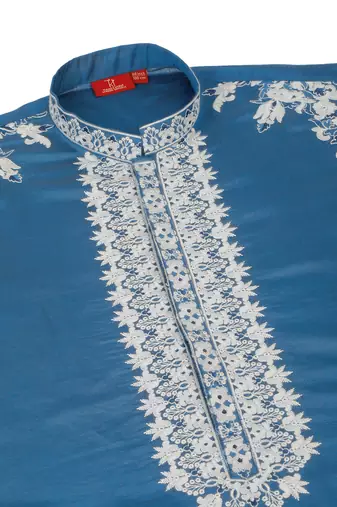 Ethnic embroidered mandarin collor cotton silk blue kurta