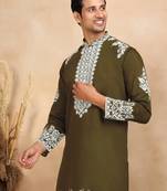 Ethnic embroidered mandarin collor cotton silk green kurta