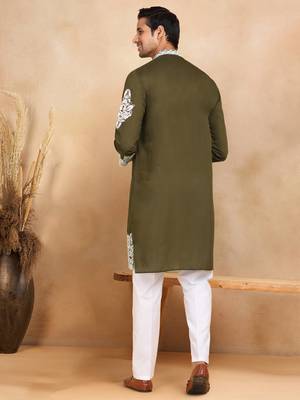 Ethnic embroidered mandarin collor cotton silk green kurta 3