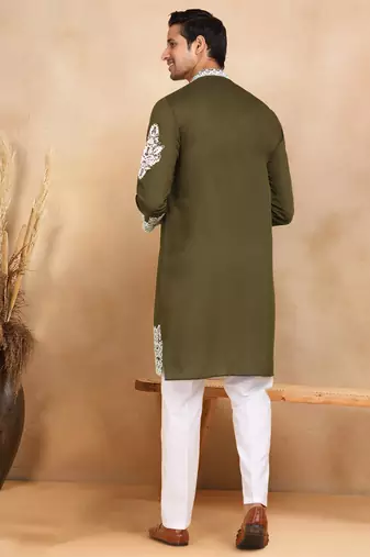 Ethnic embroidered mandarin collor cotton silk green kurta