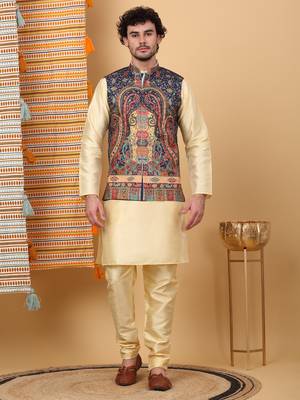 Silk blend beige kurta and churidar with paisley printed navy blue nehru jacket 1