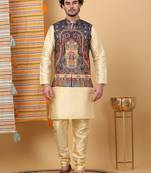 Silk blend beige kurta and churidar with paisley printed navy blue nehru jacket