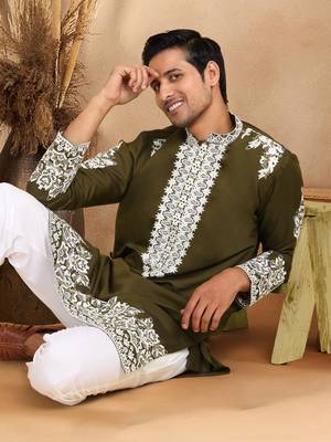 Ethnic embroidered mandarin collor cotton silk green kurta 4
