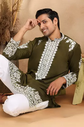 Ethnic embroidered mandarin collor cotton silk green kurta