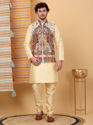 Silk blend beige kurta and churidar with paisley printed cream nehru jacket 1