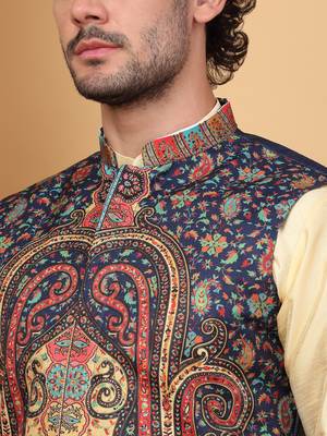 Silk blend beige kurta and churidar with paisley printed navy blue nehru jacket 2