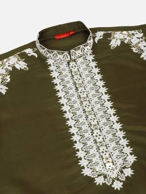 Ethnic embroidered mandarin collor cotton silk green kurta 5