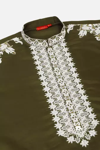Ethnic embroidered mandarin collor cotton silk green kurta