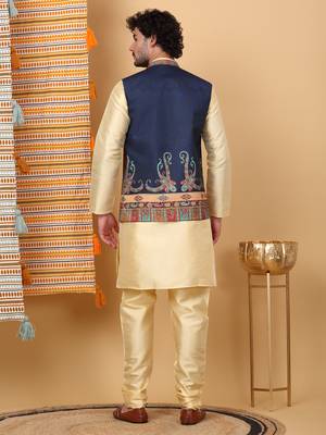 Silk blend beige kurta and churidar with paisley printed navy blue nehru jacket 3