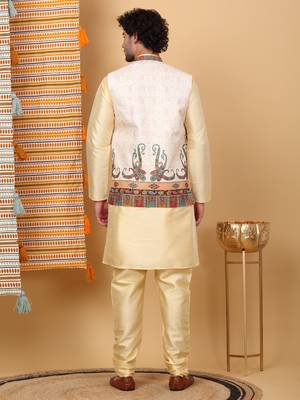 Silk blend beige kurta and churidar with paisley printed cream nehru jacket 3