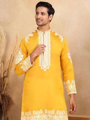 Ethnic embroidered mandarin collor cotton silk mustard kurta 1