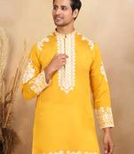 Ethnic embroidered mandarin collor cotton silk mustard kurta