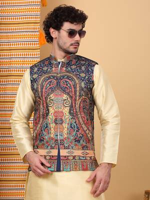 Silk blend beige kurta and churidar with paisley printed navy blue nehru jacket 4