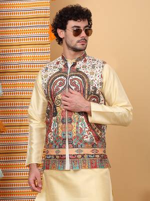 Silk blend beige kurta and churidar with paisley printed cream nehru jacket 4