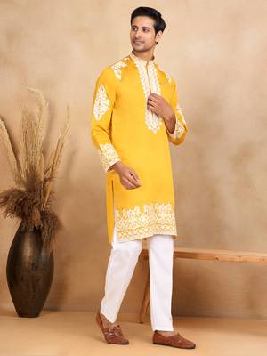 Ethnic embroidered mandarin collor cotton silk mustard kurta 2