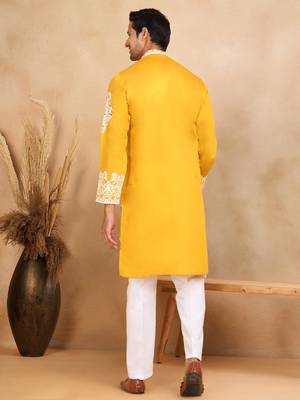 Ethnic embroidered mandarin collor cotton silk mustard kurta 3