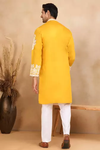 Ethnic embroidered mandarin collor cotton silk mustard kurta