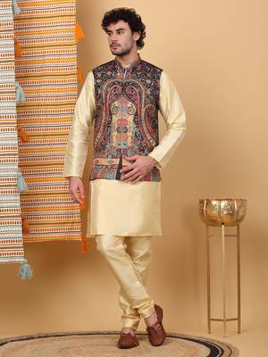 Silk blend beige kurta and churidar with paisley printed black nehru jacket 1