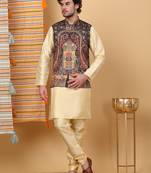 Silk blend beige kurta and churidar with paisley printed black nehru jacket