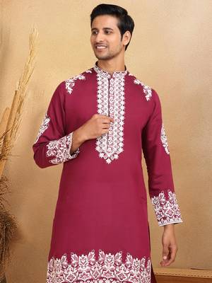 Ethnic embroidered mandarin collor cotton silk purple kurta 1