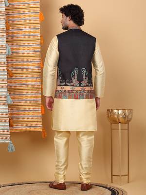Silk blend beige kurta and churidar with paisley printed black nehru jacket 3
