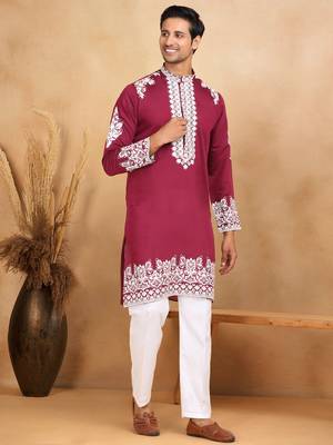 Ethnic embroidered mandarin collor cotton silk purple kurta 2