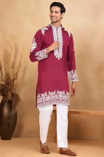 Ethnic embroidered mandarin collor cotton silk purple kurta