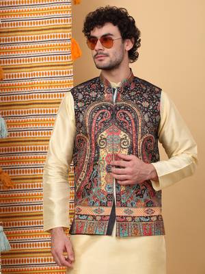 Silk blend beige kurta and churidar with paisley printed black nehru jacket 4