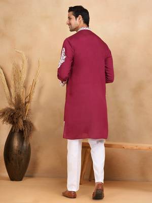 Ethnic embroidered mandarin collor cotton silk purple kurta 3