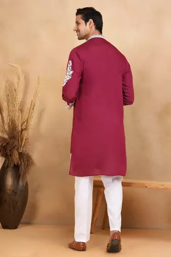 Ethnic embroidered mandarin collor cotton silk purple kurta