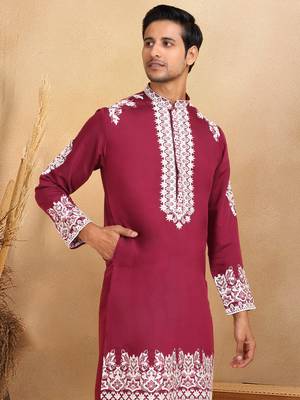 Ethnic embroidered mandarin collor cotton silk purple kurta 4