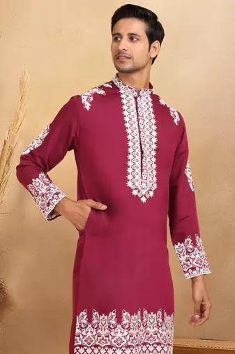 Ethnic embroidered mandarin collor cotton silk purple kurta