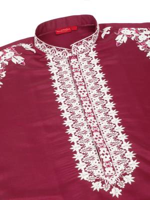 Ethnic embroidered mandarin collor cotton silk purple kurta 5