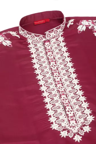 Ethnic embroidered mandarin collor cotton silk purple kurta