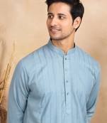 Blue Cotton Printed Kurta For Mens